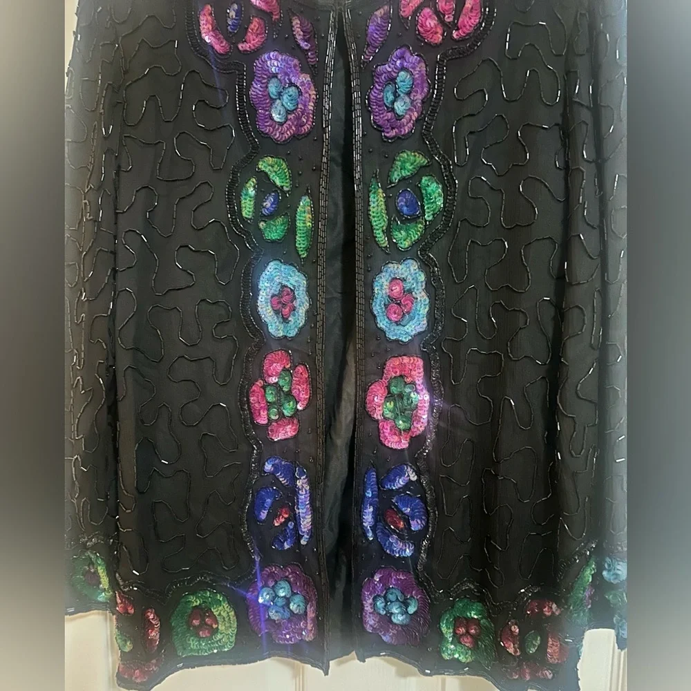VINTAGE Women’s AMERICAN NIGHT SILK SEQUIN BEADED Floral BLAZER‎ JACKET Large.
